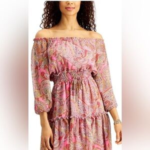 Tommy Hilfiger Gauzy Off Shoulder Tiered Dress Elastic Waist Balloon Sleeve  12